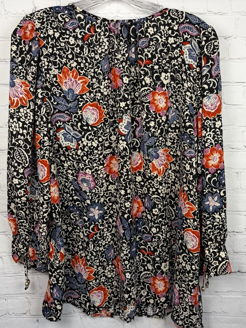Susan Graver Floral Print Peasant Blouse Long Sleeve Black Multi Tunic Top M - Picture 3 of 10